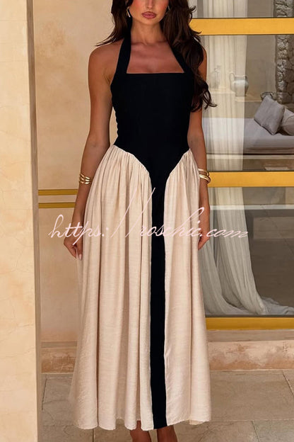 Contrast Color Stitching Sleeveless Backless Slim Maxi Dress