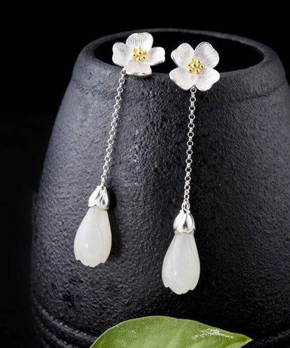White Sterling Silver Inlaid Jade Drop Earrings