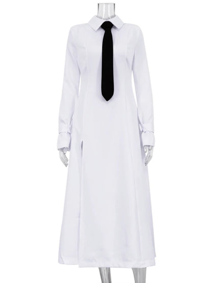 Side Slit Long Dress for White Turn Collar Tie Midi Dresses Femme New Street Loose Slender Dress Woman