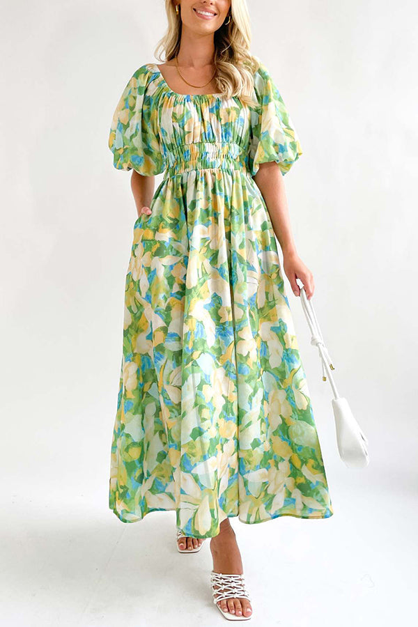 Square Neck Printed Puff Sleeve Long Dress