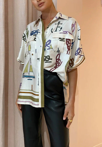 Sail Away Satin Unique Nautical Motifs Print Button Down Pocket Oversized Blouse