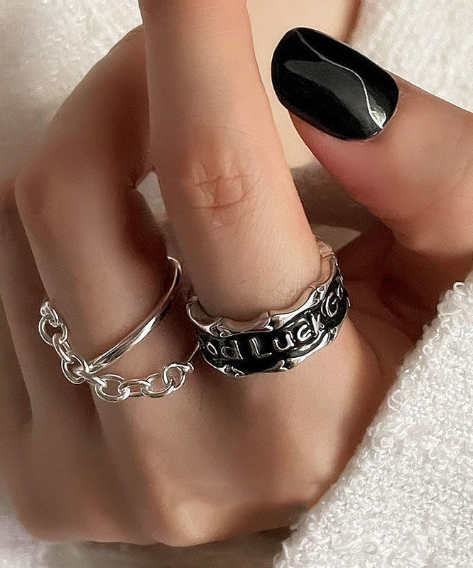 Retro Silk Stainless Steel Patchwork Chain and Graphic Two Piece Set Rings