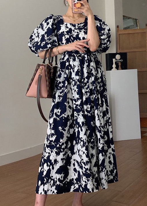 Black Square Collar Print Cotton Long Dress Summer Qp005