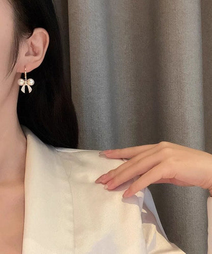 Gold Copper Alloy Zircon Patchwork Bow Pearl Hoop Earrings