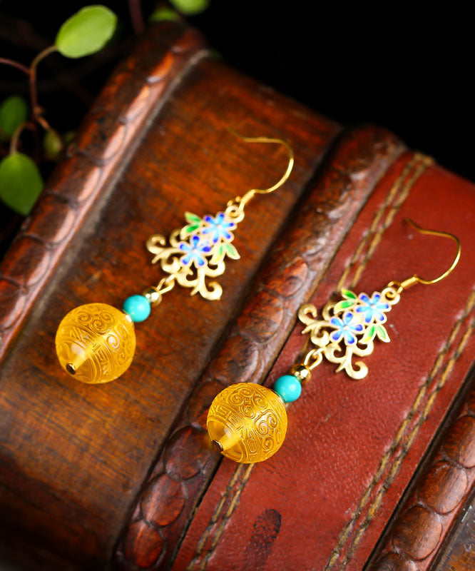 Art Yellow Sterling Silver Inlaid Amber Turquoise Drop Earrings