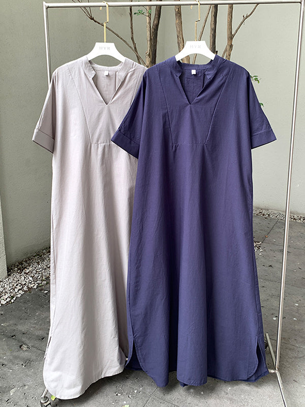 Loose Short Sleeves Color V-neck Maxi Dresses