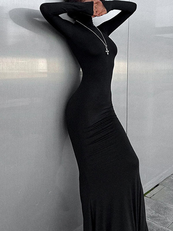 Bodycon Long Sleeves Color Split-joint High Neck Maxi Dresses