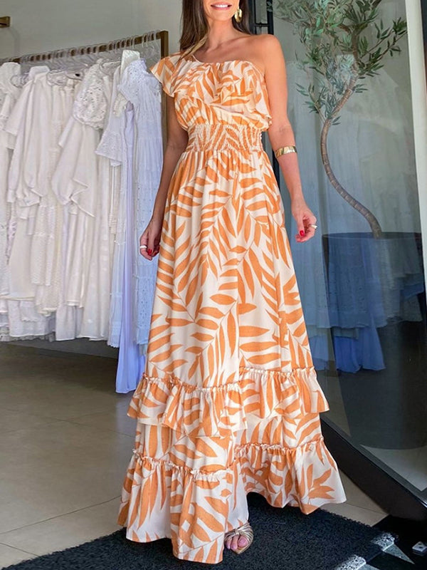Loose Short Sleeves Elasticity Falbala Leaf Printed Off-the-shoulder Maxi Dresses