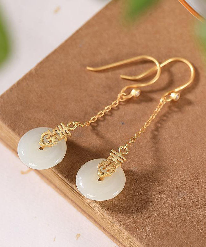 White Sterling Silver Ancient Gold Jade Zircon Ping Buckle Drop Earrings