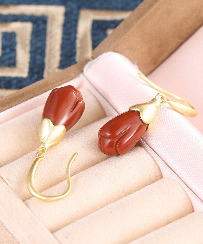 Red Sterling Silver Overgild Inlaid Agate Orchid Drop Earrings