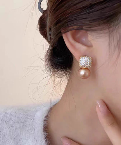 Champagne Copper Overgild Zircon Pearl Stud Earrings