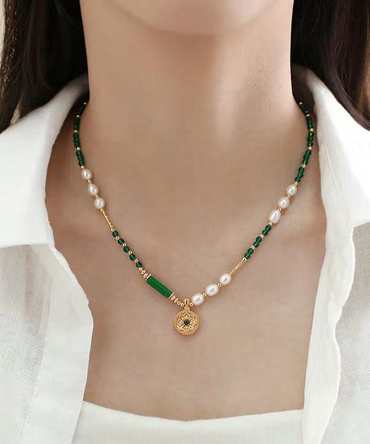 Chinese Style Green Copper Alloy Crystal Patchwork Beading Pendant Necklace