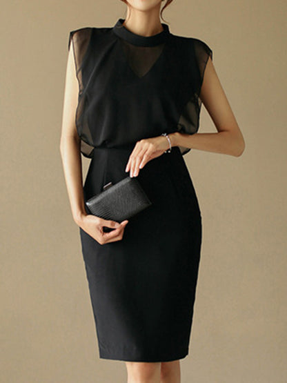Loose Sleeveless Gauze Hollow See-through Split-joint Zipper Stand Collar Evening Dresses Midi Dresses