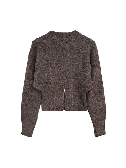 Grey Mock Neck Zip-up Hem Long Sleeve Sweater An1072