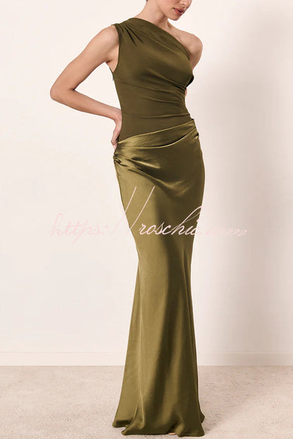 Kaia Satin Contrast Fabric Patchwork One Shoulder Ruched Maxi Dress