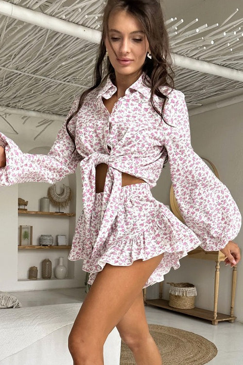 Long Sleeve Lapel Ruffle Shorts Two Piece Set