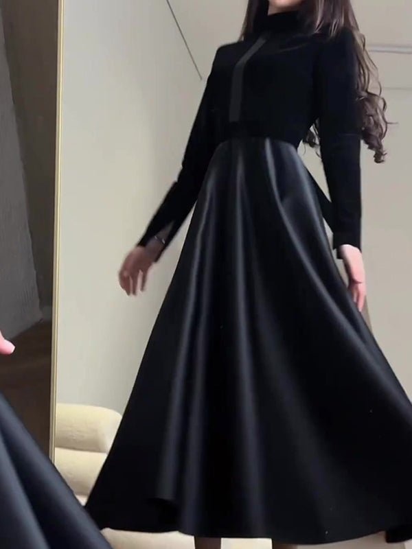 A-line Long Sleeves Pleated Split-joint Zipper Mock Neck Maxi Dresses