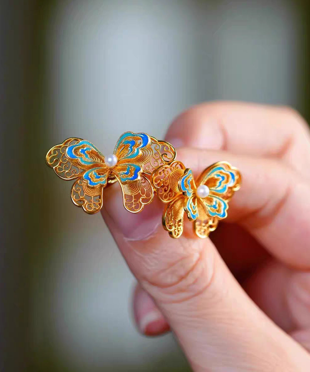 Gold Sterling Silver Overgild Butterfly Pearl Hollow Out Stud Earrings