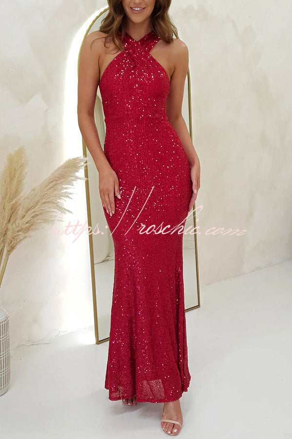 Time to Sparkle Sequin Cross Halter Neck Backless Maxi Dress