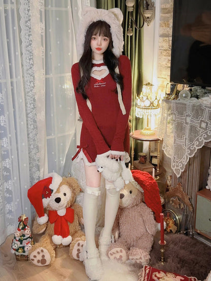 Winter Christmas Knitted Dress Patchwork Kawaii Y2k Sweater Mini Dress Female Dress