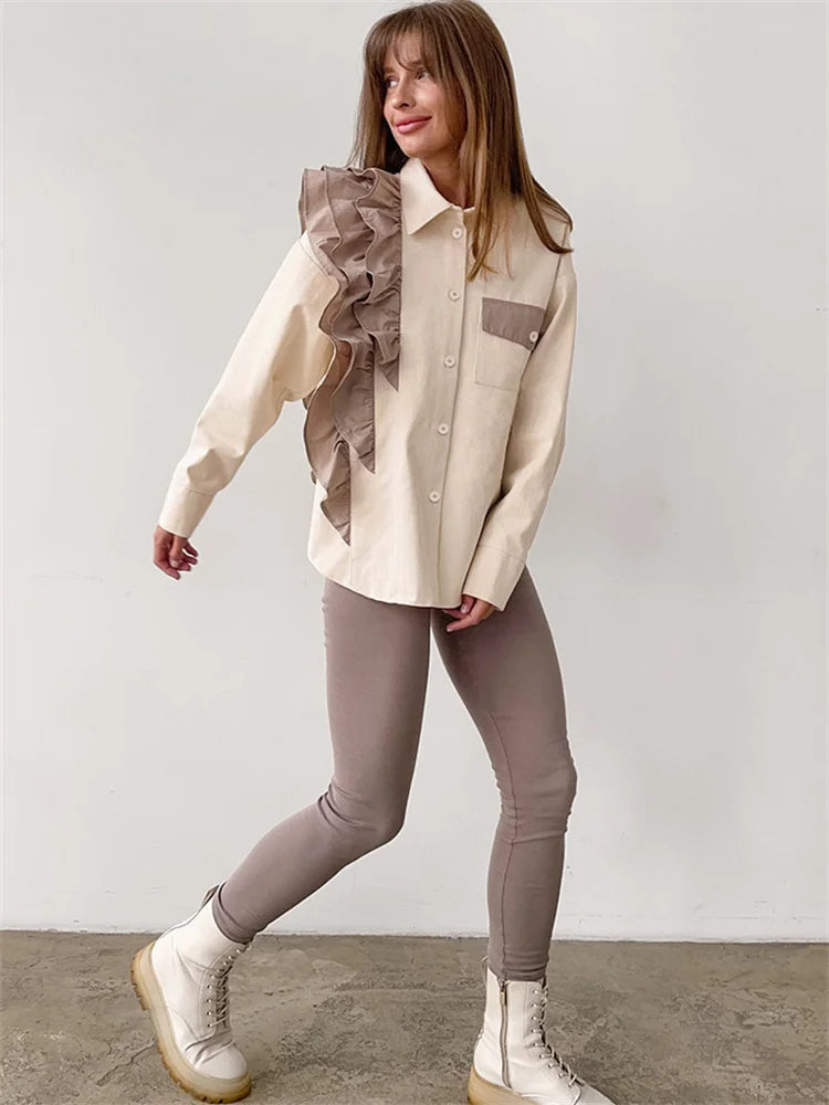 Ruffled Patchwork Shirts for Pocket Lapel Long Sleeve Cardigan Contrast Female Blouse Y2k Top