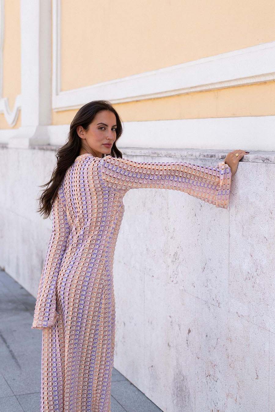 V Neck Bell Sleeve Wavy Striped Crochet Beach Vacation Maxi Dress