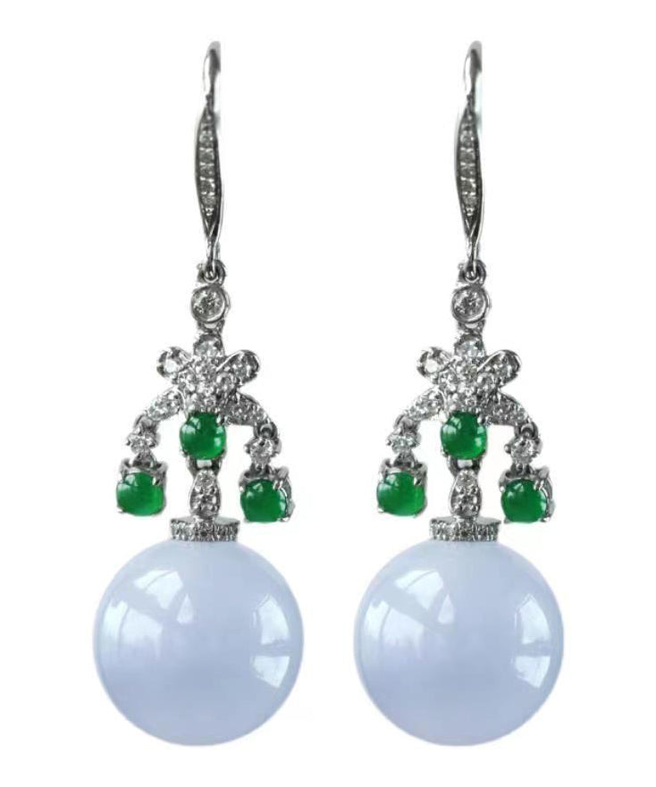 Green Sterling Silver Zircon Jade Ball Drop Earrings