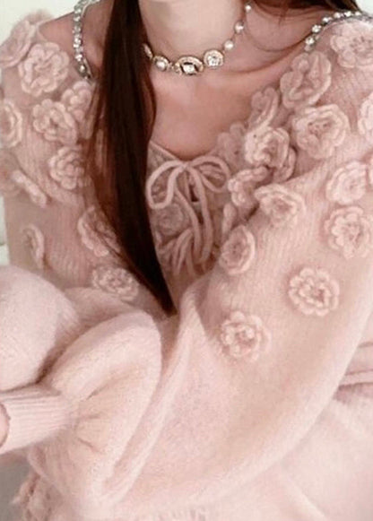 Pink Lace Up Knit Sweaters Fall Ry014