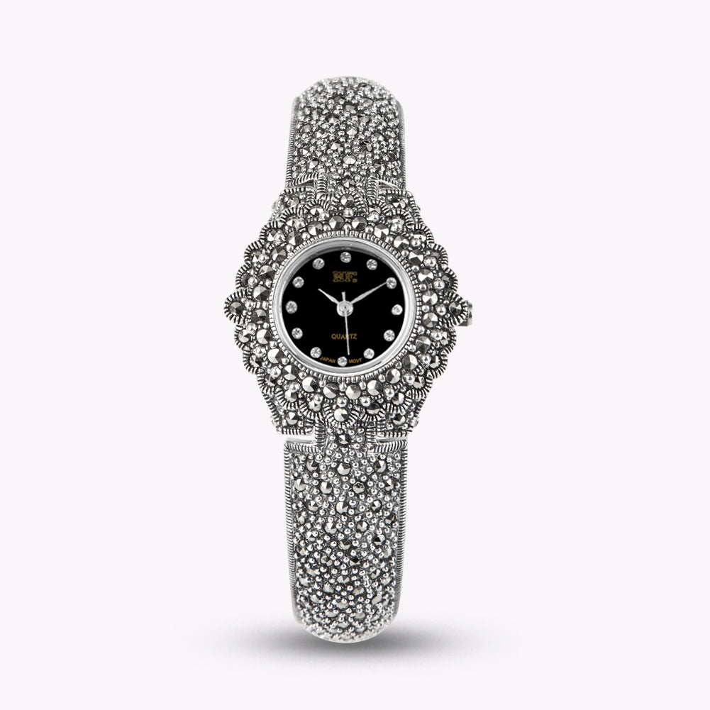 Black Sterling Silver Zircon Metal Organic Glass Wrist Watch