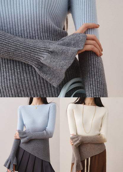 White Gradient Slash Neck Slim Knit Sweaters Fall Ws018