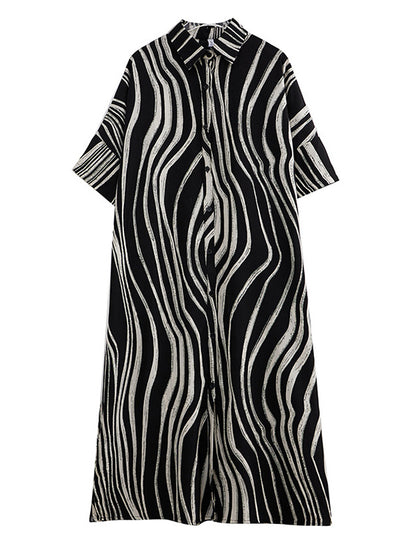 Raglan Sleeve Oversize Zebra-stripe Split-joint Lapel Midi Dresses Shirt Dress