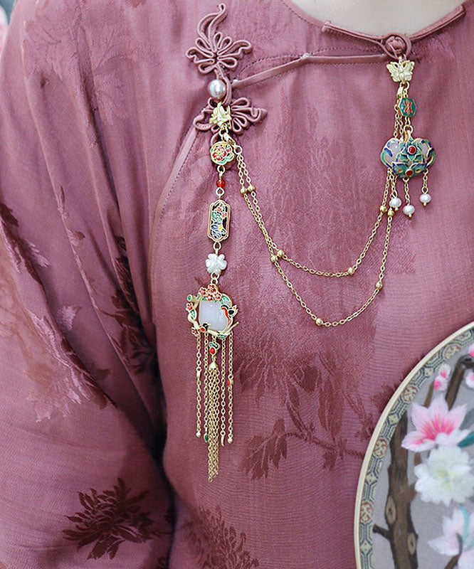 Retro Gold Overgild Pearl Jade Little Bird Tassel Brooch