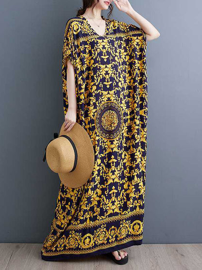 A-line Batwing Sleeves Printed V-neck Maxi Dresses