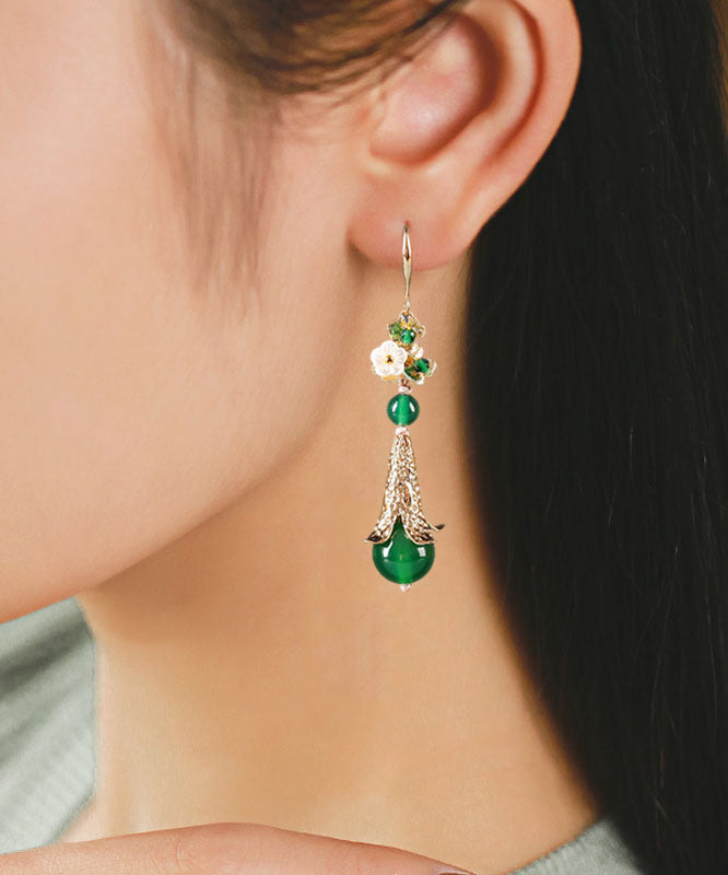 Green Sterling Silver Overgild Jade Agate Shell Flower Drop Earrings