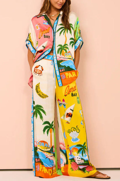 Kissed by the Sun Satin Unique Print Colorblock Button Down Oversized Blouse
