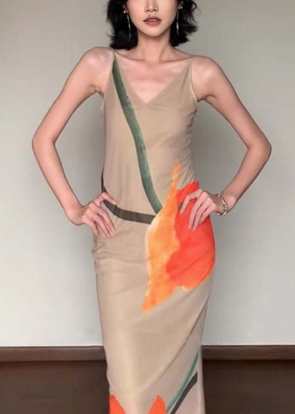 Slim Fit V Neck Print Cotton Long Dress Sleeveless Ee017
