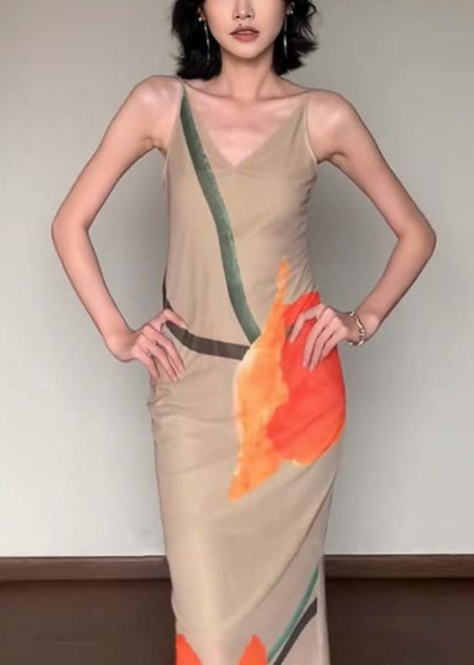 Slim Fit V Neck Print Cotton Long Dress Sleeveless Ee017