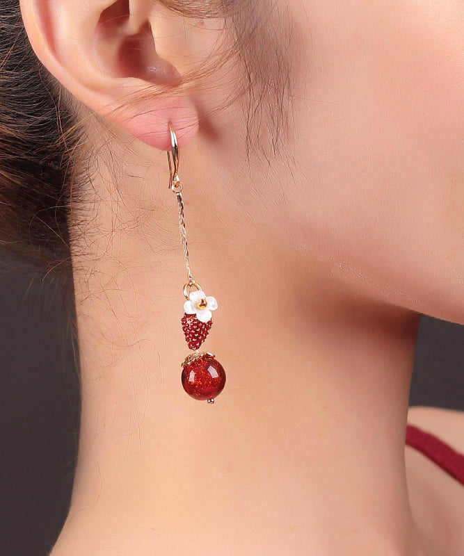 Red Copper Cloisonne Cloured Glaze Strawberry Shell Flower Drop Earrings