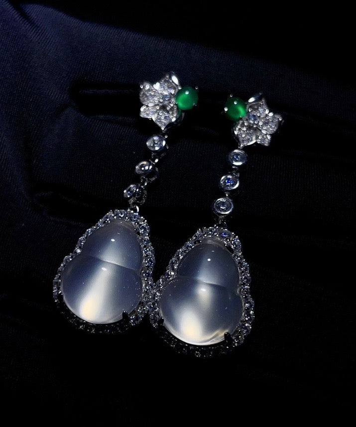 Nude Sterling Silver Inlaid Zircon Jade Gourd Drop Earrings