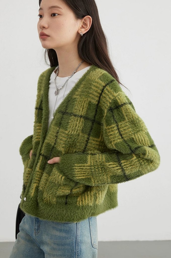 Plaid Fuzzy Cropped Cardigan
