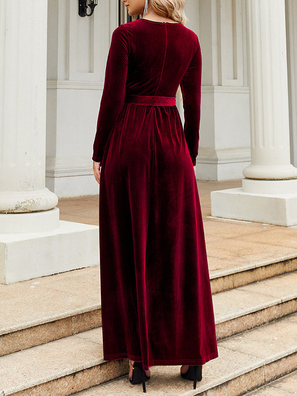 Long Sleeves Wrap Belted Pleated Color Zipper Round-neck Maxi Dresses