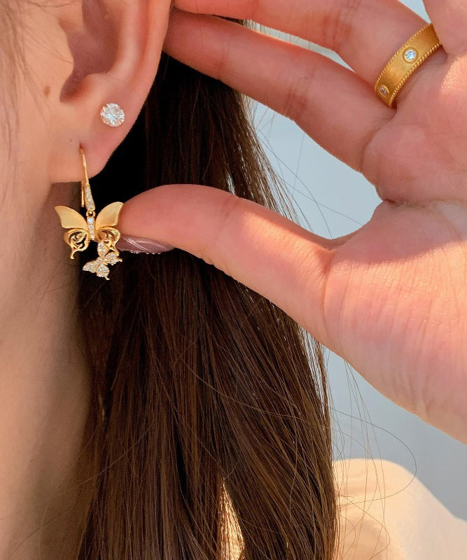 Gold Sterling Silver Overgild Zircon Butterfly Drop Earrings