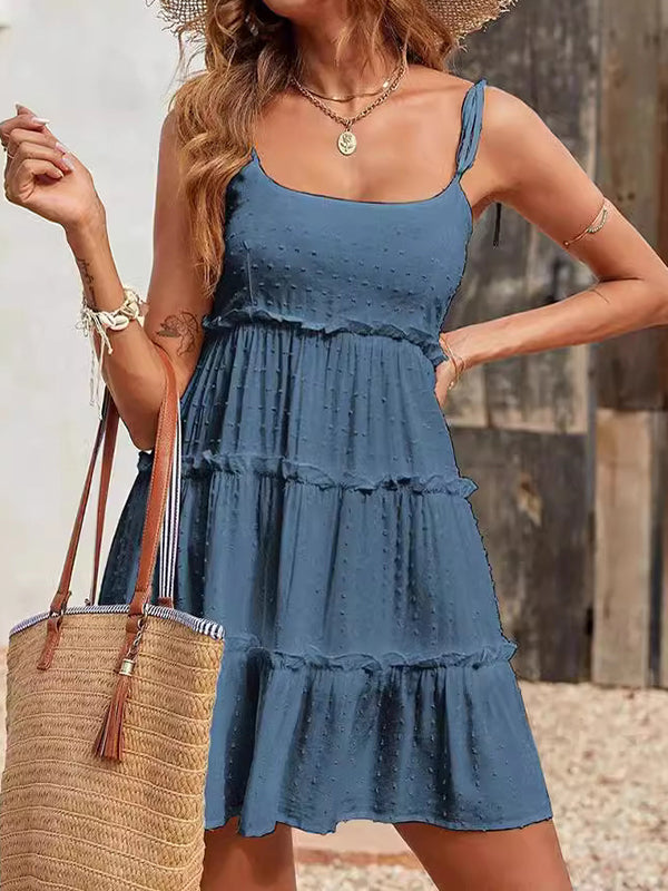 A-line Loose Jacquard Layered Pleated Color Split-joint Spaghetti-neck Mini Dresses