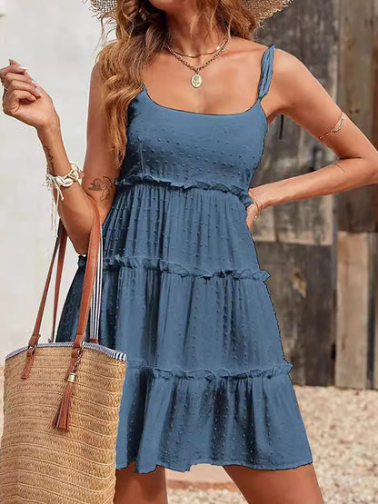 A-line Loose Jacquard Layered Pleated Color Split-joint Spaghetti-neck Mini Dresses