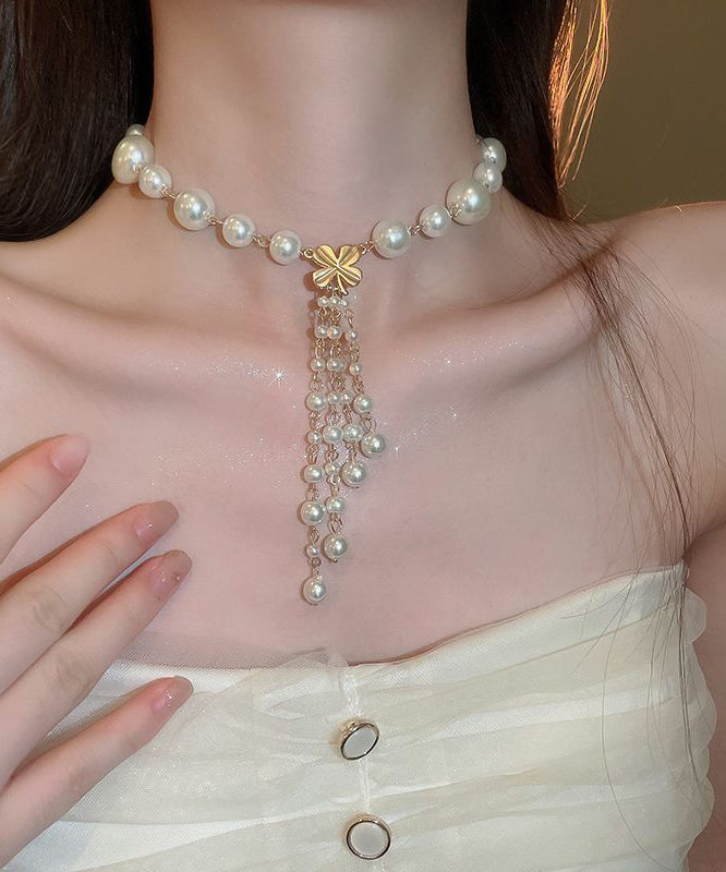 White Alloy Pearl Tassel Pendant Necklace