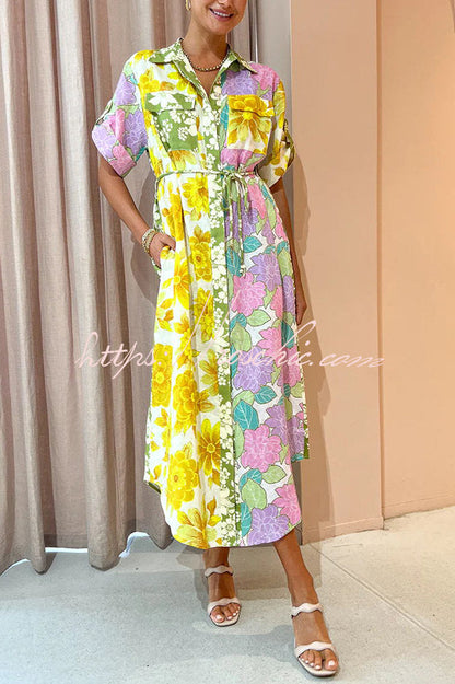 Travel Effortlessly Linen Blend Patchwork Shirt Midi Dress