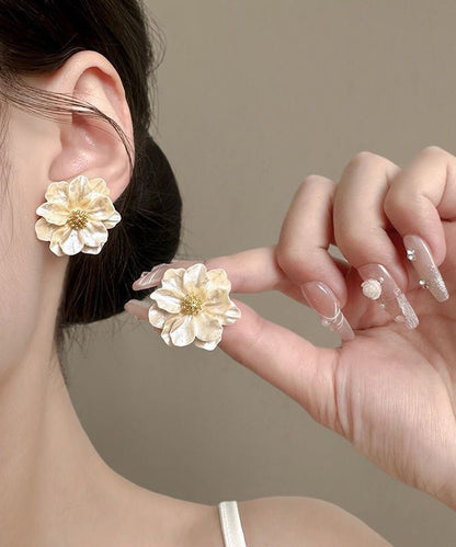 Stylish Beige Copper Alloy Acrylic Camellia Flower Stud Earrings