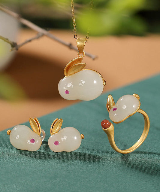 White Rabbit Jade 14k Gold Stud Earrings and Pendant Necklace and Ring
