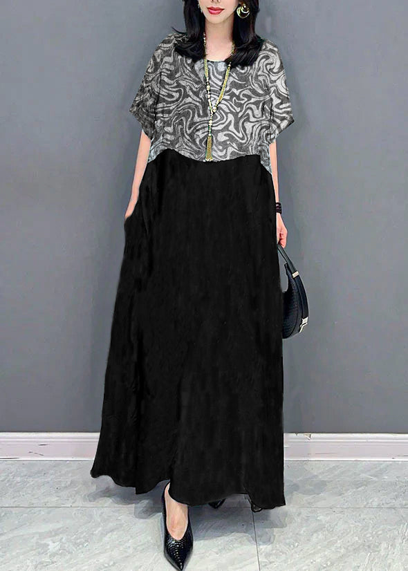 Black Texture O Neck Pockets Print Patchwork Silk Long Dresses Summer Tt1032