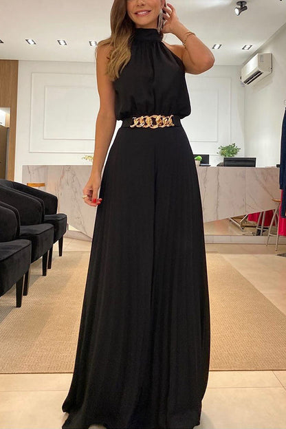 Midnight Gala Halter Neck Pleated Wide Leg Jumpsuit
